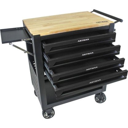4 DRAWERS MULTIFUNCTIONAL TOOL CART WITH WHEELS AND WOODEN TOP-BLACK
