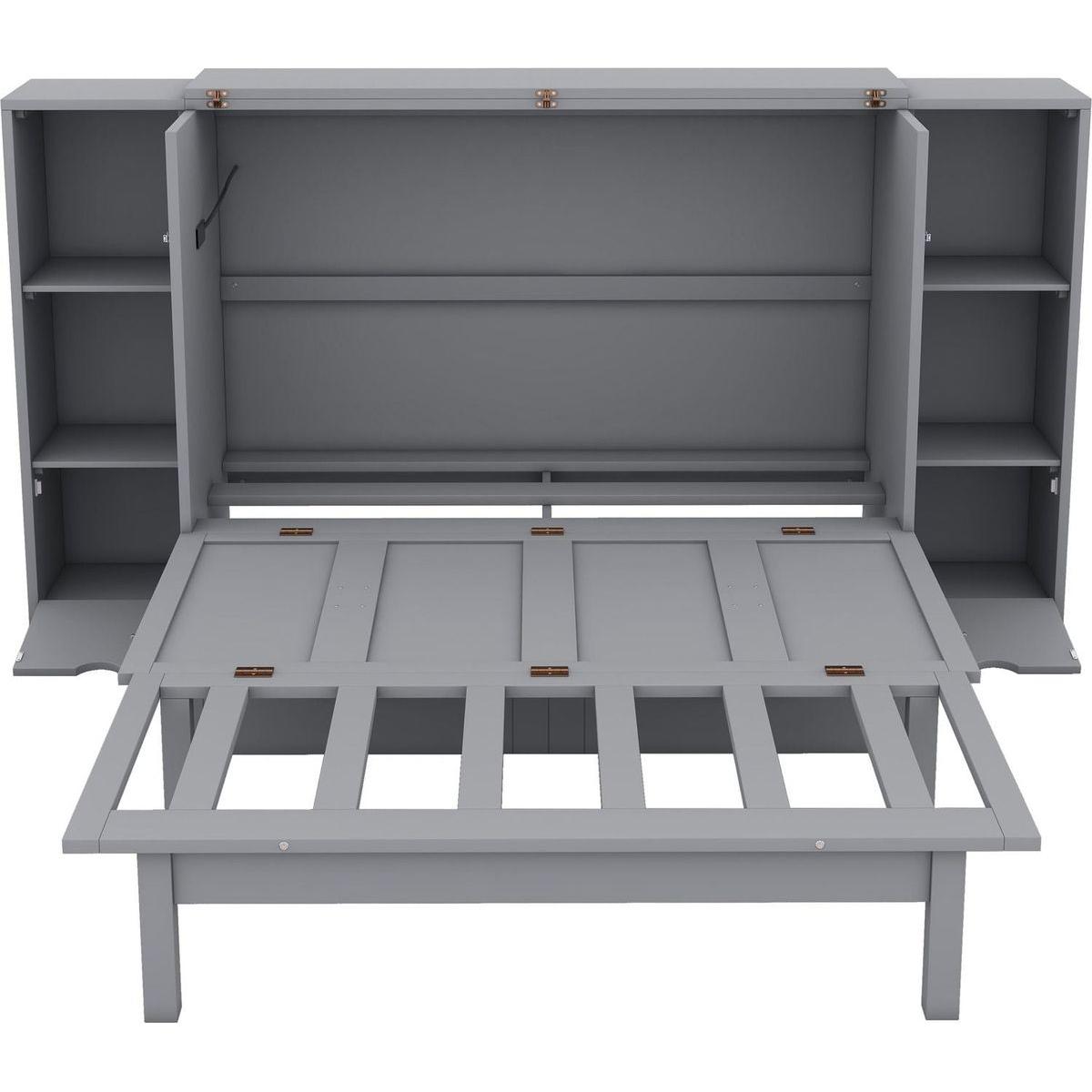 Full Size Murphy Bed with Shelves, Drawers and USB Ports,Gray
