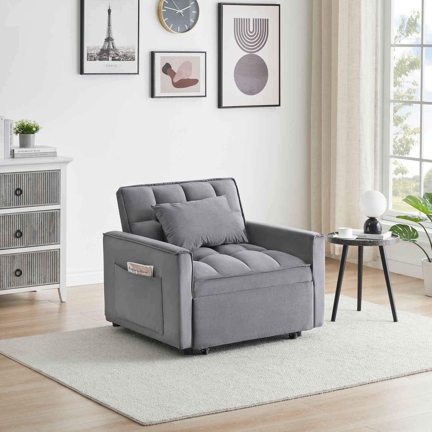 Sofa bed chair 3 in 1 convertible, recliner, single recliner, suitable for small Spaces with adjustable back black dark grey