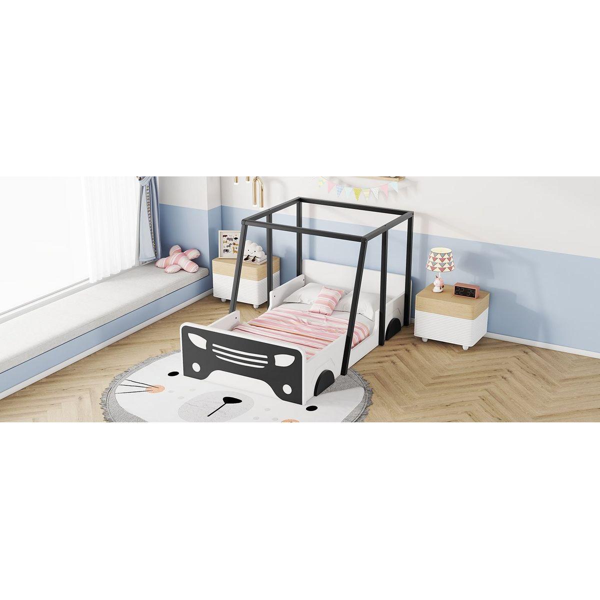 Twin Size Car-shaped Bed with Roof,Wooden Twin Floor Bed with wheels and door Design,Montessori Inspired Bedroom,Black