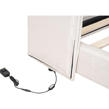 Queen Size Upholstered Platform Bed with LED Lights and U-Shaped Headboard, Linen Fabric, Beige