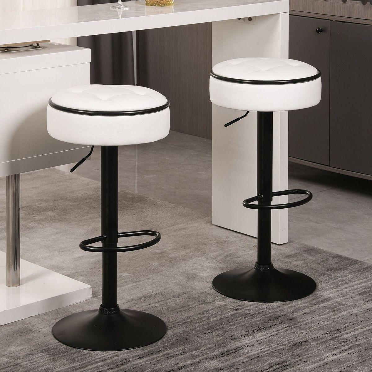 Round Storage Bar Stool Set of 2, White Faux Leather Height Adjustable Barstool, 360Counter Height Swivel Stool, Armless Bar Chair with Metal Frame for Kitchen Counter Dining Living Room