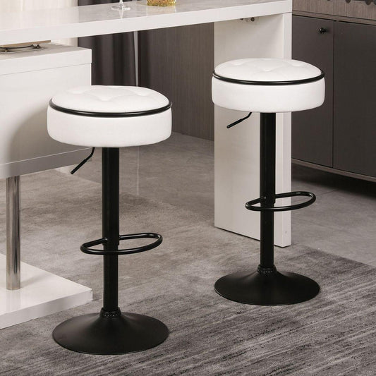 Round Storage Bar Stool Set of 2, White Faux Leather Height Adjustable Barstool, 360Counter Height Swivel Stool, Armless Bar Chair with Metal Frame for Kitchen Counter Dining Living Room