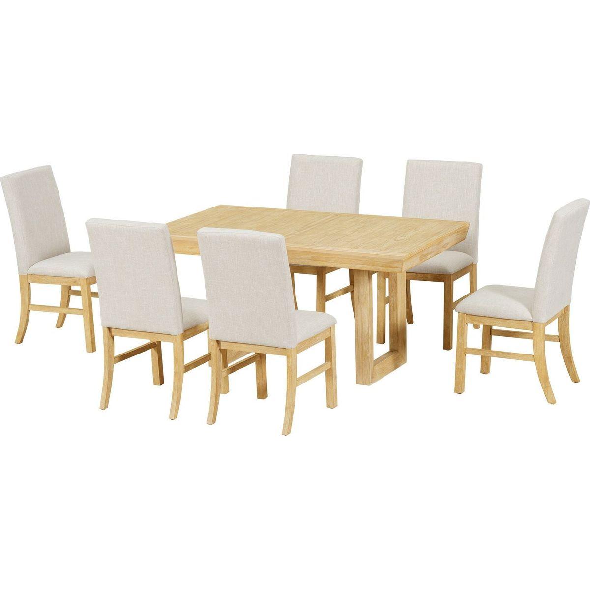 Traditional 7-Piece 72" Extendable Dining Table Set with 12inch Butterfly Leaf and 6 Upholstered Dining Table Set, Natural