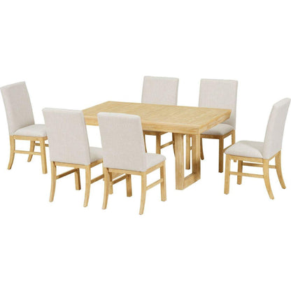 Traditional 7-Piece 72" Extendable Dining Table Set with 12inch Butterfly Leaf and 6 Upholstered Dining Table Set, Natural