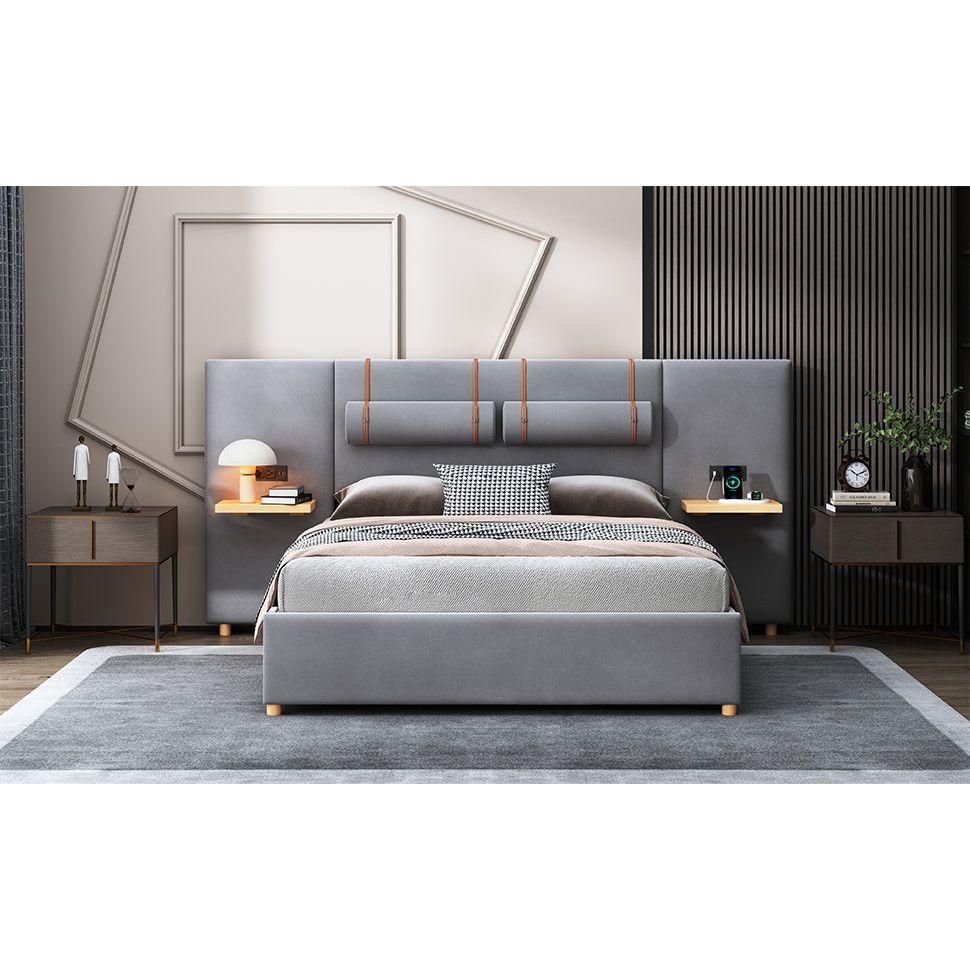Queen Upholstered Platform Bed, Two Outlets and USB Charging Ports on Both Sides, Two Bedside Pillows, Storage Shelves, Velvet,Gray