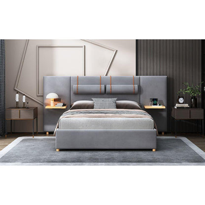 Queen Upholstered Platform Bed, Two Outlets and USB Charging Ports on Both Sides, Two Bedside Pillows, Storage Shelves, Velvet,Gray