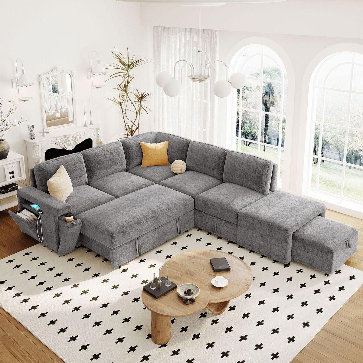 L-shaped Padded Modular Sofa with Storage Space, USB Ports, and Cup Holders on the Armrests, Suitable for Living Rooms, Offices, and Apartments.