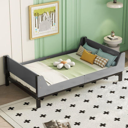 Twin Bed with Headboard, Footboard, Safeguards, Built-in Bed-end Book Storage Rack, Grey