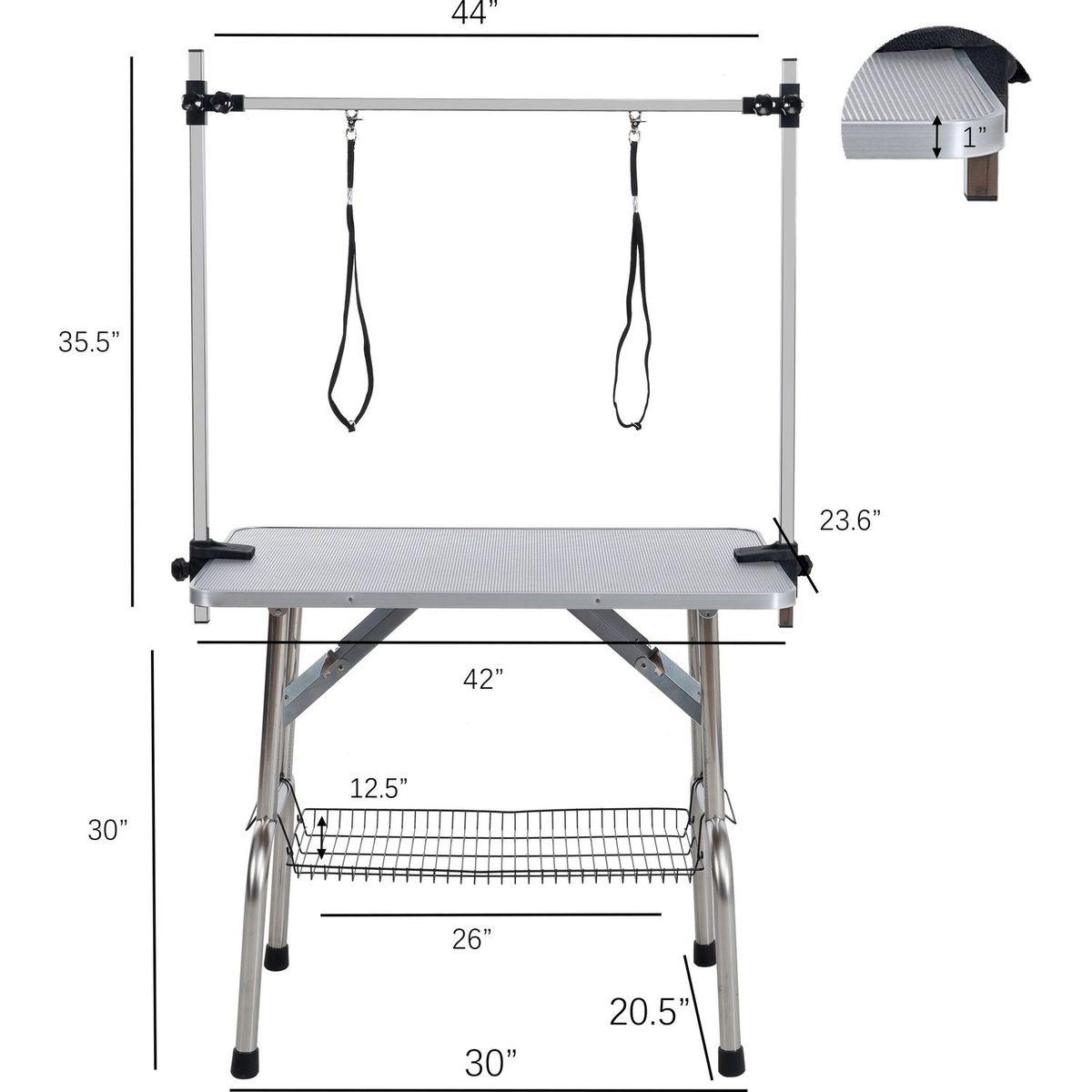 42" Folding Dog Pet Grooming Table Stainless Steel Frame Rubber Mat on Board with Adjustable Arm and Clamps pet dog Cat Grooming Table (SILVER-GRAY COLOR)