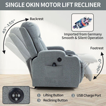 Infinite Position Okin Motor Up to 350 LBS Power Lift Recliner Chair for Elderly, Heavy Duty Motion Mechanism with 8-Point Vibration Massage and Lumbar Heating, USB Charging Port, Cup Holders, Grey