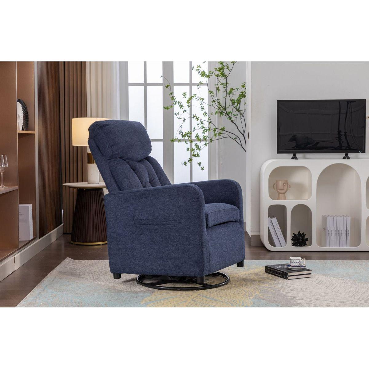 Linen Fabric Swivel Rocking Chair Gilder Chair With Pocket,Navy Blue