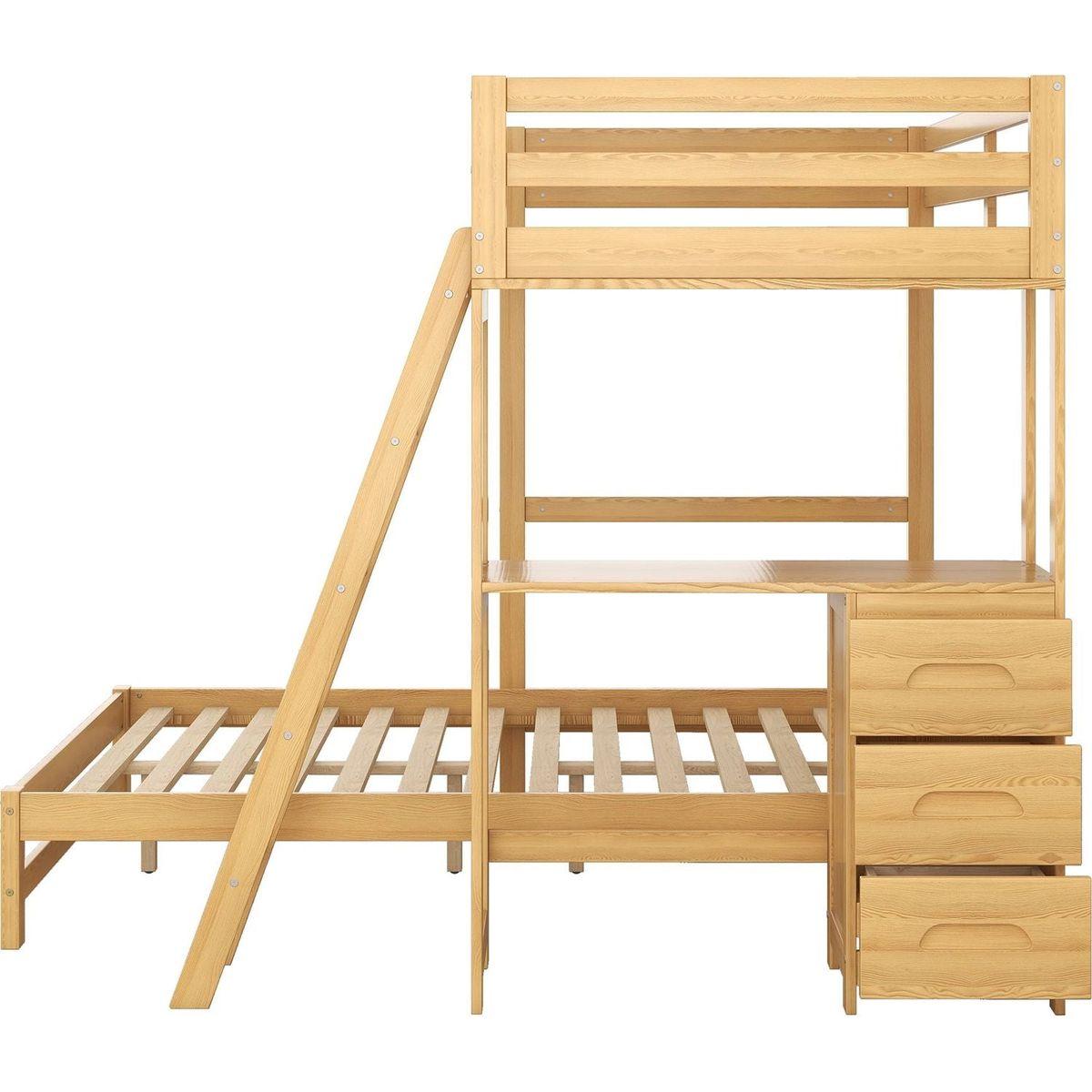 Twin over Full Bunk Bed with Built-in Desk and Three Drawers,Natural