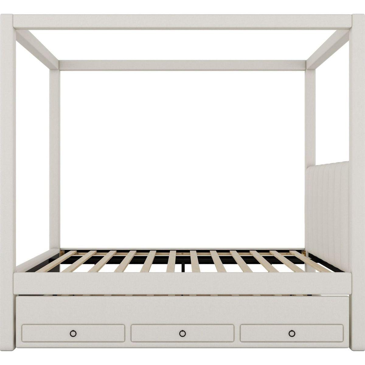 Full Size Upholstery Canopy Platform Bed with Trundle and Three Storage Drawers, Beige - Streamdale Furniture