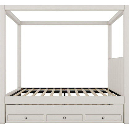 Full Size Upholstery Canopy Platform Bed with Trundle and Three Storage Drawers, Beige - Streamdale Furniture