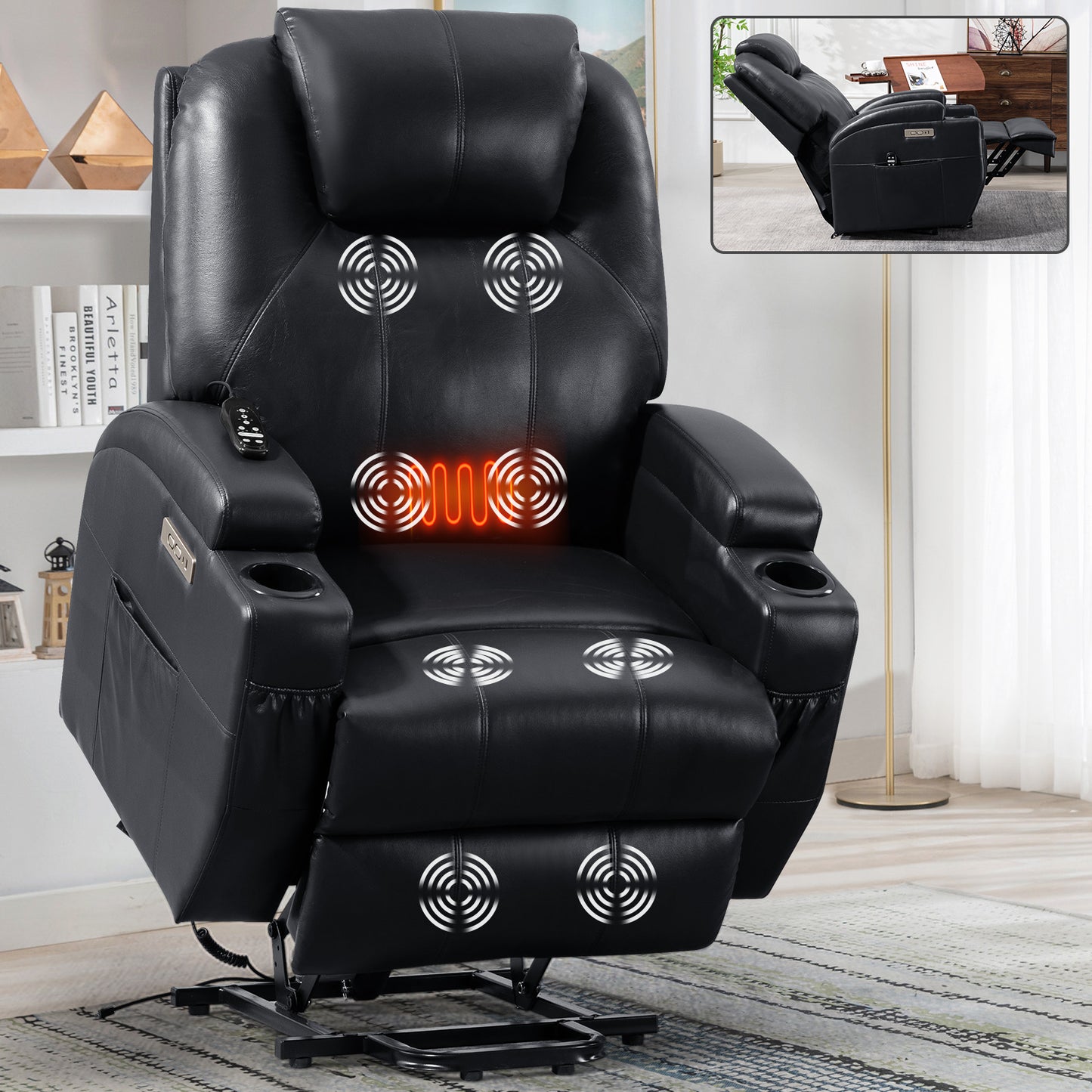 Up to 350lbs Okin Motor Power Lift Recliner Chair for Elderly, Heavy Duty Motion Mechanism with 8-Point Vibration Massage and Lumbar Heating, Two Cup Holders and USB Charge Port, Black