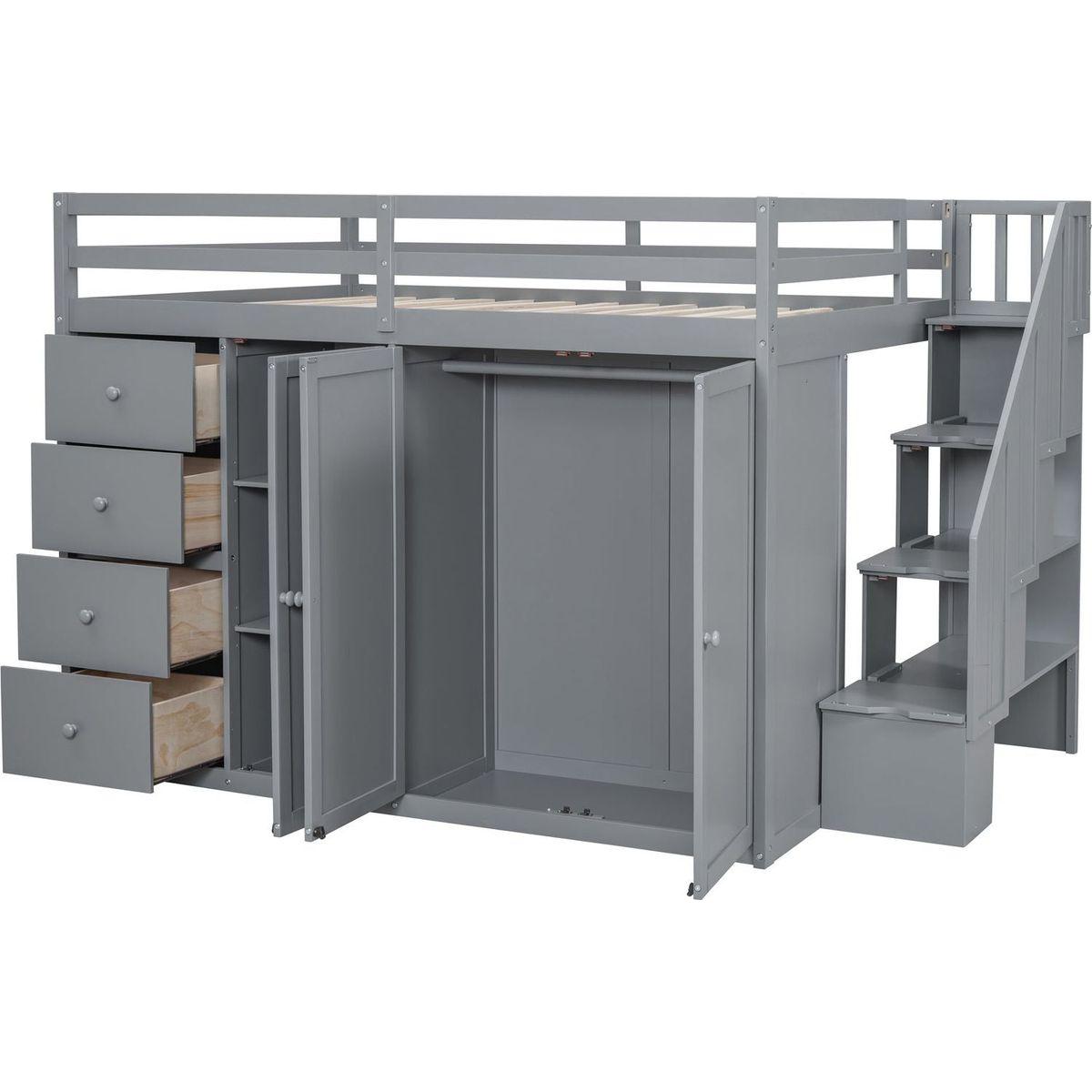 Full Size Wood Loft Bed With Built-in Wardrobes, Cabinets and Drawers, Gray