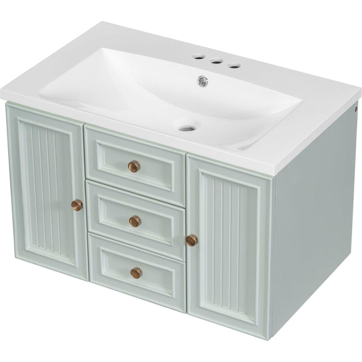 30" Wall Mounted Bathroom Vanity with Sink Combo, Functional Drawer, Solid Wood & MDF Board & Ceramic, Green