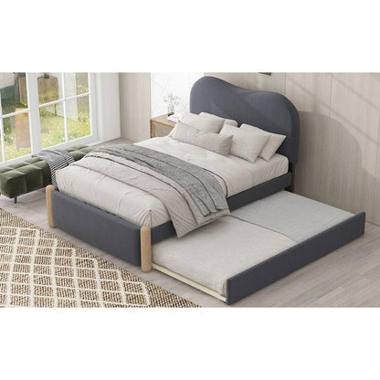 Twin Size Upholstered Platform Bed with Wood Supporting Feet and Twin Size Trundle, Gray