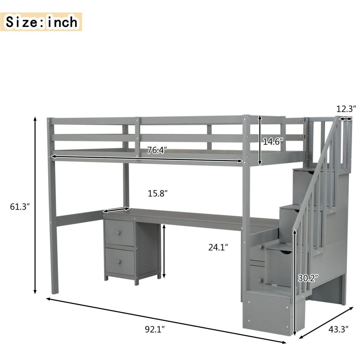 Twin Size Loft Bed Frame with Built-in Desk and Double Storage Drawers,Gray