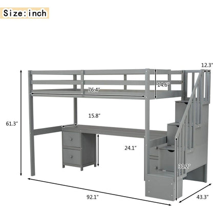 Twin Size Loft Bed Frame with Built-in Desk and Double Storage Drawers,Gray