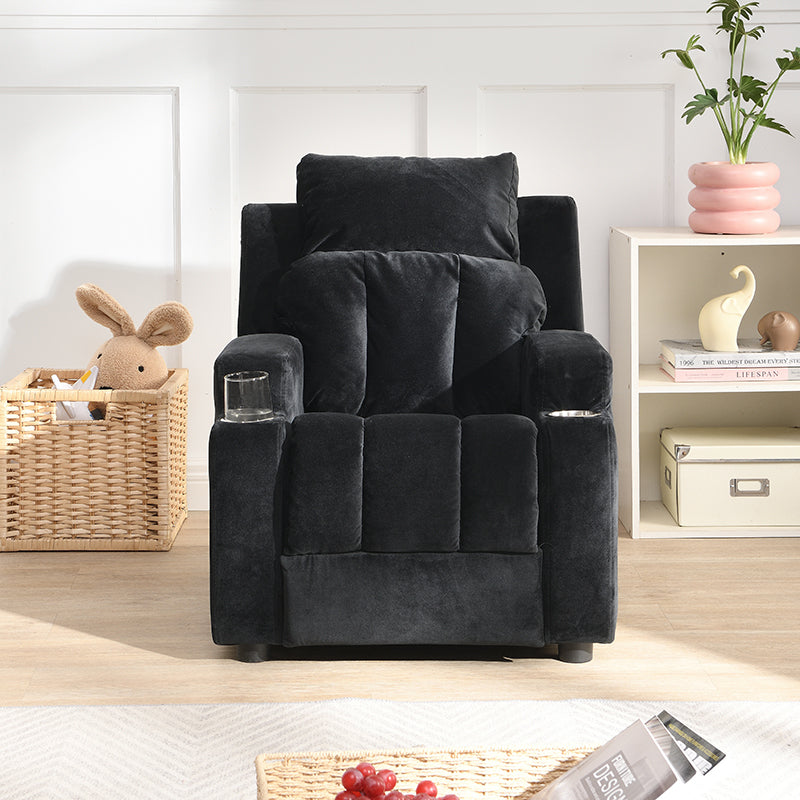 Kids Recliner Chair, Kids Upholstered Couch with Two Cup Holder, Footrest, Backrest, Toddlers Velvet Recliner with Headrest and Footrest