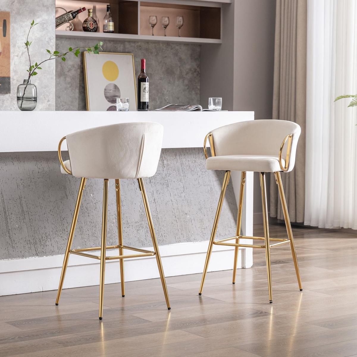 26 Inch Set of 2 Bar Stools,with Chrome Footrest and Base Velvet + Golden Leg Simple Bar Stoo,CREAM