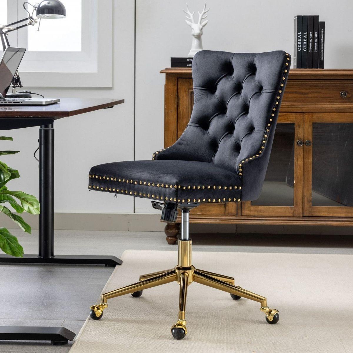 Office Chair,Velvet Upholstered Tufted Button Home Office Chair with Golden Metal Base,Adjustable Desk Chair Swivel Office Chair (Black)