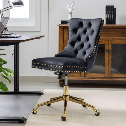 Office Chair,Velvet Upholstered Tufted Button Home Office Chair with Golden Metal Base,Adjustable Desk Chair Swivel Office Chair (Black)