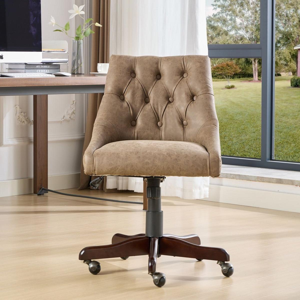 Medieval Retro Style Sheepskin Pattern Fabric Home Office Chair with Lift, Swivel and Recline Functions,Brown color