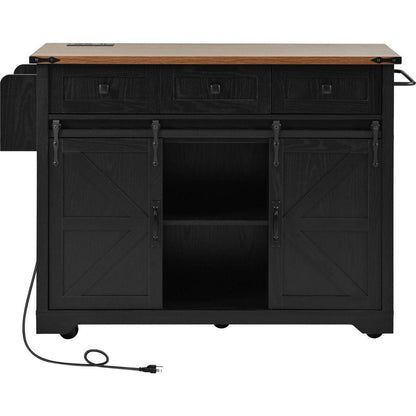 53.7" Farmhouse Kitchen Island with Power Outlet, 2 Sliding Barn Door Kitchen Storage Island with Drop Leaf, Spice Rack Rolling Kitchen Cart on Wheels, for Home, Kitchen and Dining Room, Black