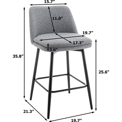 Counter Height Swivel Bar Stools Set of 2, 360 Swivel Upholstered Barstools with Back and Metal Legs, 25.6" Seat Height,Counter Stools for Kitchen Island and Pub,Linen Cloth,Grey