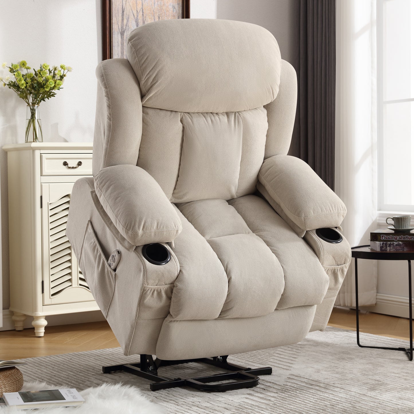 Power Lift Recliner Chair with Heat and Massage Electric Fabric Recliner Chair for Elderly with Side Pocket, USB Charge Port, Remote Control for Living Room (BEIGE)A+B