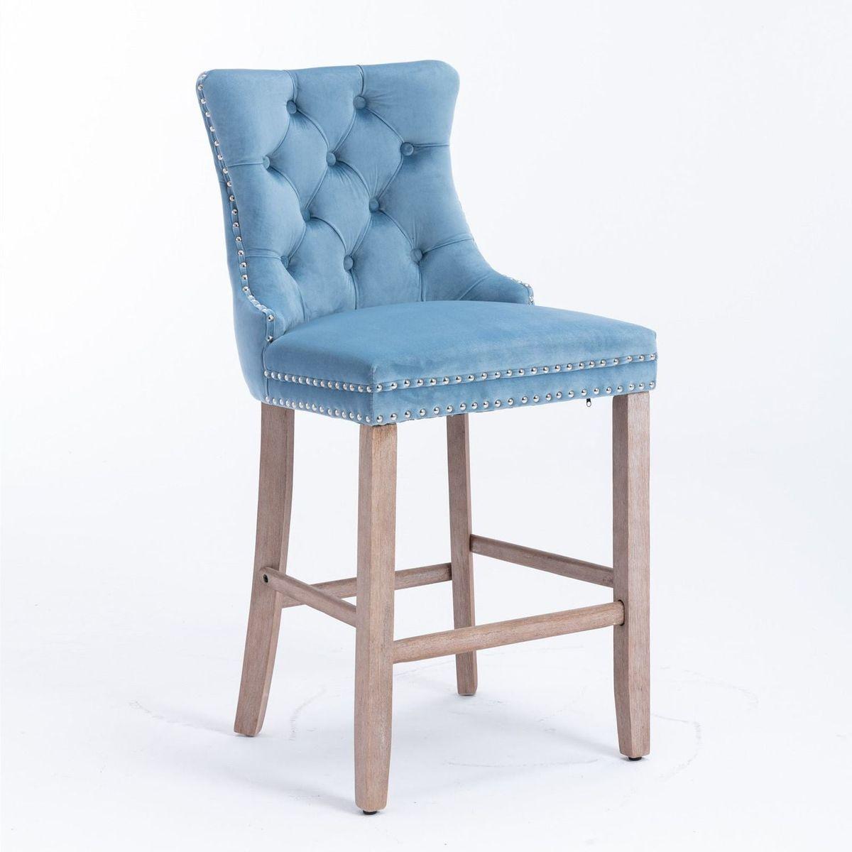 Contemporary Velvet Upholstered Barstools with Button Tufted Decoration and Wooden Legs, and Chrome Nailhead Trim, Leisure Style Bar Chairs,Bar stools, Set of 2 (Light Blue)