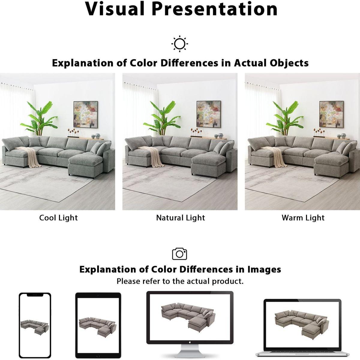 130x65" Modern Modular Cloud Sofa Bed, 6 Seat Chenille Sectional Couch Set with Ottoman,Free Combination,Convertible U Shaped Sleeper Sofa for Living Room, Apartment, 3 Colors