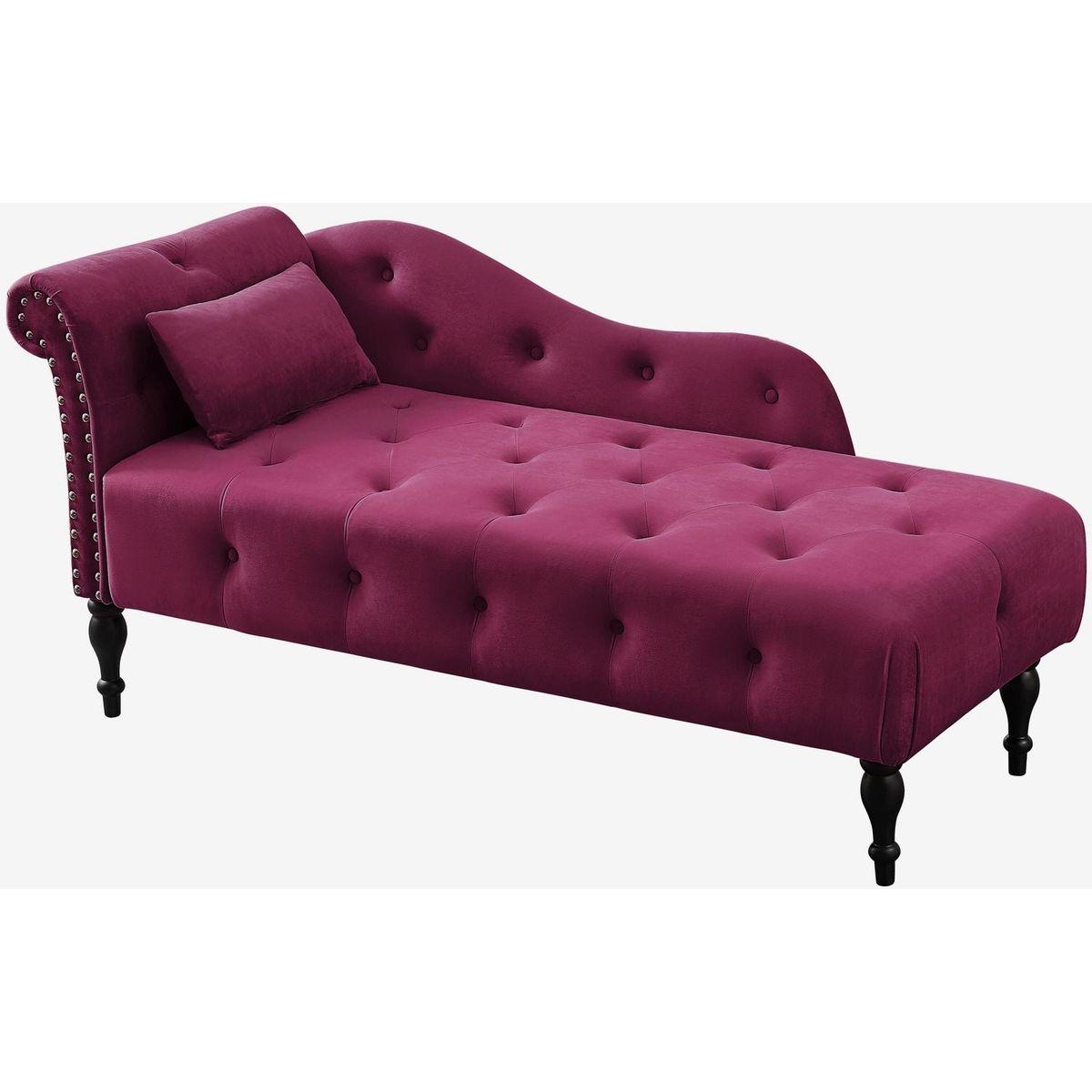 60.6" Velvet Chaise Lounge Buttons Tufted Nailhead Trimmed Solid Wood Legs with 1 Pillow,Burgundy (Left Arm Design as Shown in the Picture) - Streamdale Furniture
