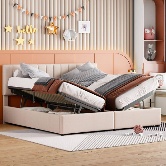 King Size Upholstered Platform Bed with a Hydraulic Storage System, Beige