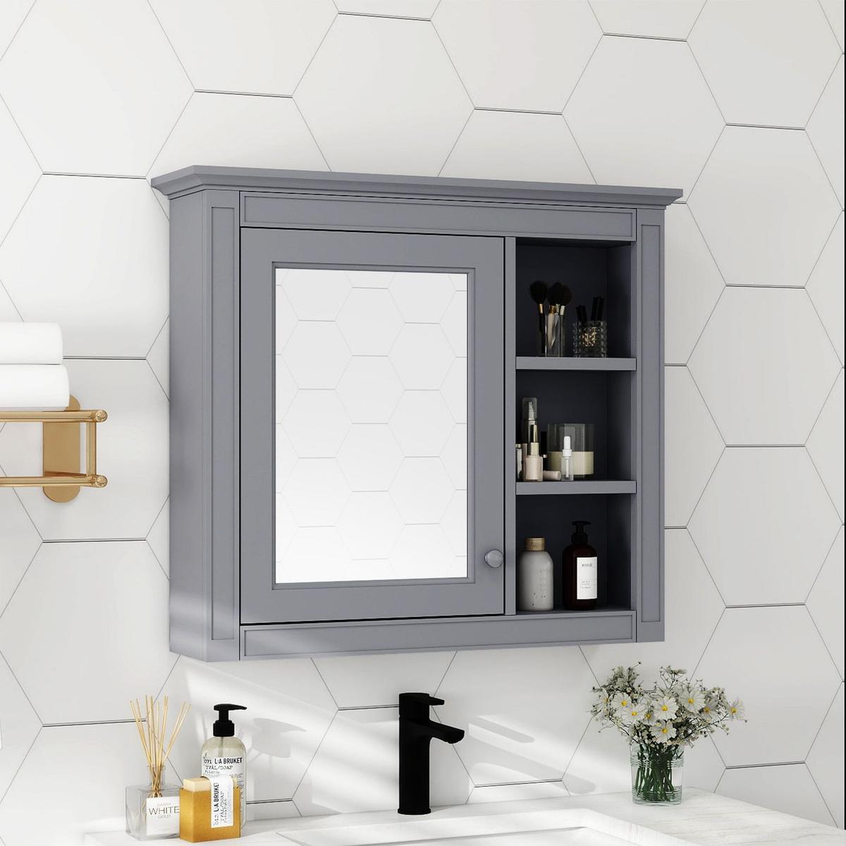 30" x 28" Medicine Cabinet, Wall Mounted Bathroom Storage Cabinet, Modern Bathroom Wall Cabinet with Mirror,Medicine Cabinet, Mirror Cabinet with 3 Open Shelves (Not Include Bathroom Vanity) - Streamdale Furniture