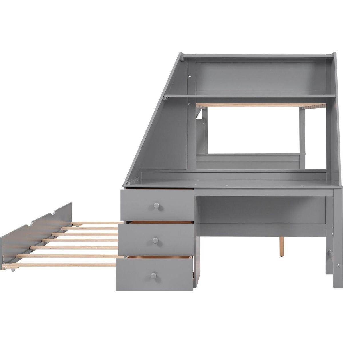 Twin over Full Bunk Bed with Trundle and Built-in Desk, Three Storage Drawers and Shelf,Gray