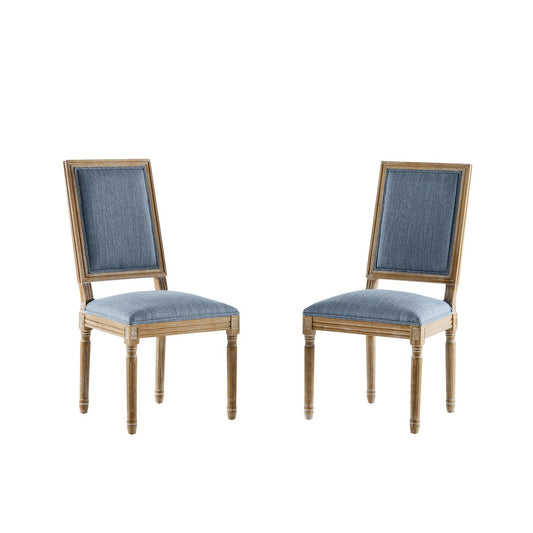 French Country Dining Chairs Set of 2 - Elegant Cane Backrest & Upholstered Seats in Slate Blue with Fluted Legs and Weathered Finish