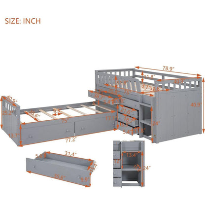 L-shaped Space-Saving Twin Loft and Twin Platform Bed with 7 Drawers and Full Guardrails(GRAY)