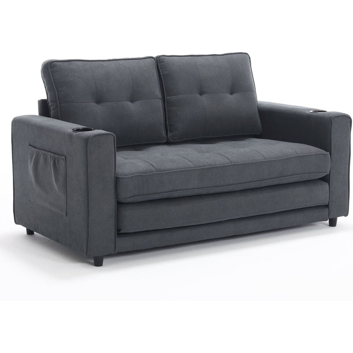 3-in-1 Upholstered Futon Sofa Convertible Sofa bed,Foldable Tufted Loveseat with Pull Out Sleeper Couch Bed,Folding Mattres Love Seat Daybed W/Side Pockets and Cup Holder, Dark Gray