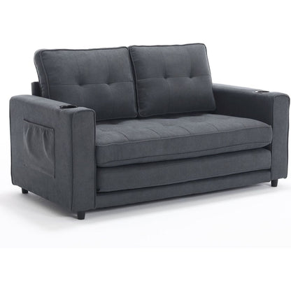 3-in-1 Upholstered Futon Sofa Convertible Sofa bed,Foldable Tufted Loveseat with Pull Out Sleeper Couch Bed,Folding Mattres Love Seat Daybed W/Side Pockets and Cup Holder, Dark Gray