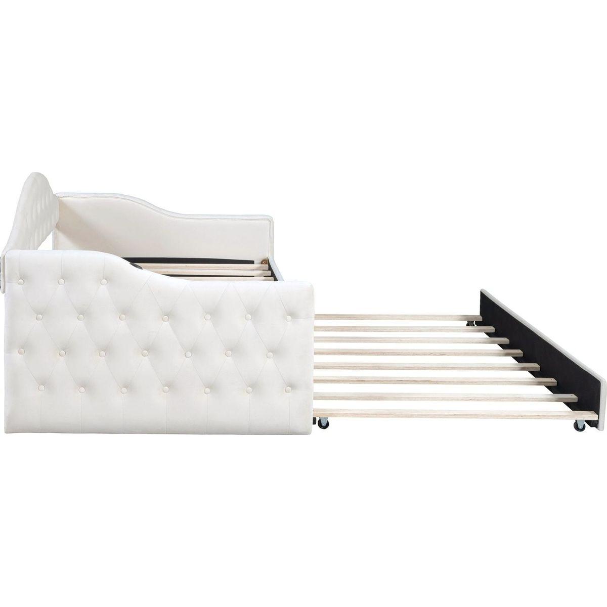Twin Size Tufted Upholstered Daybed with Trundle, Velvet Sofabed with USB&Type-C Charging Ports,No Box-spring Needed, Beige