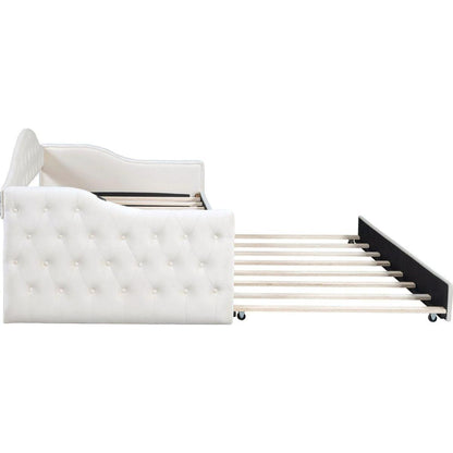Twin Size Tufted Upholstered Daybed with Trundle, Velvet Sofabed with USB&Type-C Charging Ports,No Box-spring Needed, Beige