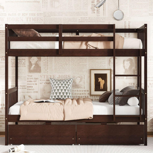 Twin Over Twin Rubber Wood Bunk Bed with 2 Drawers, Convertible into 2 Twin Beds, Twin Size Bunk Bed with Ladder and Safety Guardrails,Espresso - Streamdale Furniture