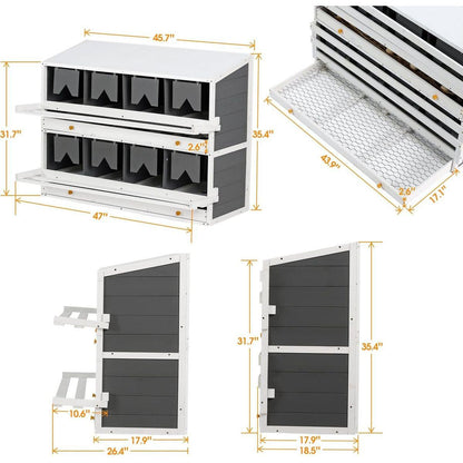Wooden Chicken Nesting Box for Laying Eggs,Solid Pine Wood 8 Compartments Egg Laying Boxes for Hens with 2 Roll Out Egg Collection Drawers and 4 Vented Holes,2 Foldable Perches,47"Lx26.4"Wx35.4"H-Gray