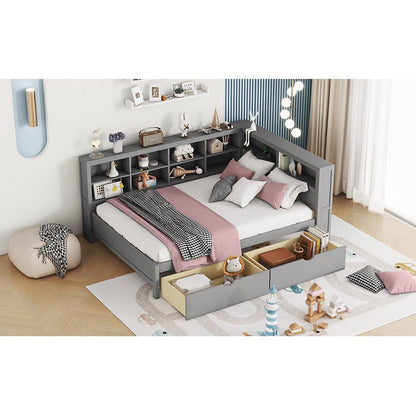 Wooden Full Size DayBed with 2 Drawers, DayBed with Storage Shelf and USB Charging Ports,Grey - Streamdale Furniture