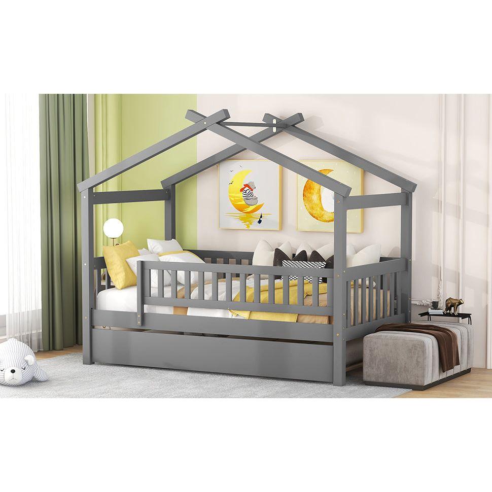 Twin Size Wooden House Bed with Twin Size Trundle, Gray
