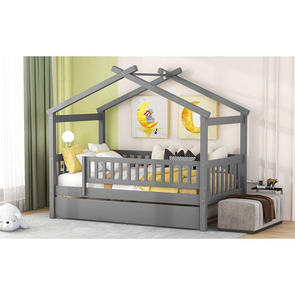 Twin Size Wooden House Bed with Twin Size Trundle, Gray